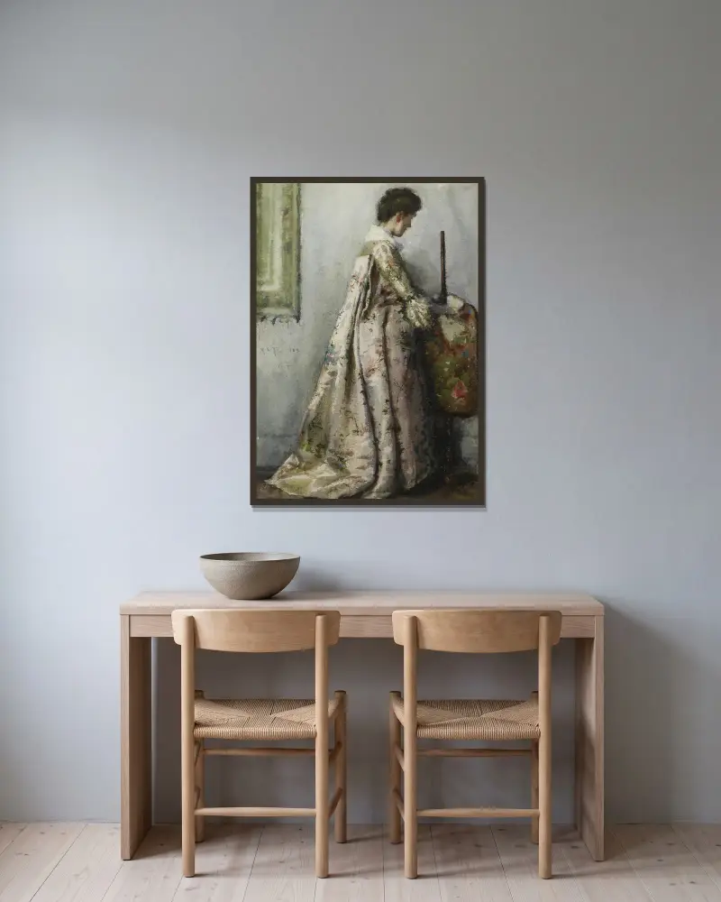 Das Seidenkleid, Porträt von Maria Tuke Sainsbury von Henry Scott Tuke gerahmt an einer Wand