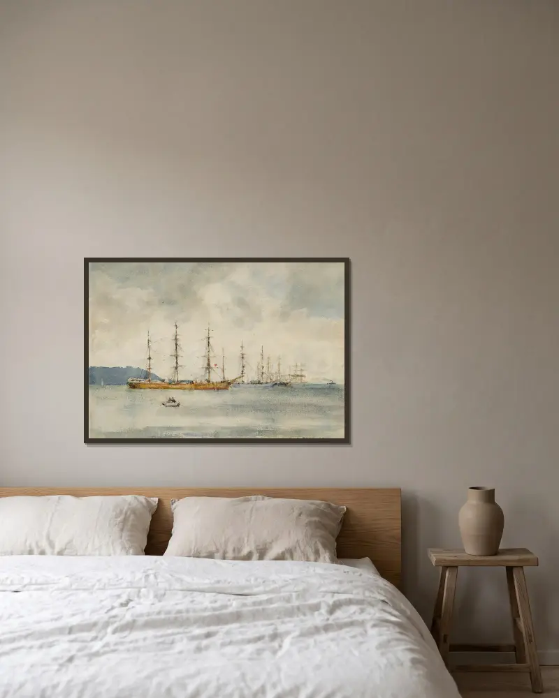 Segelschiffe im Hafen von Falmouth von Henry Scott Tuke gerahmt an einer Wand