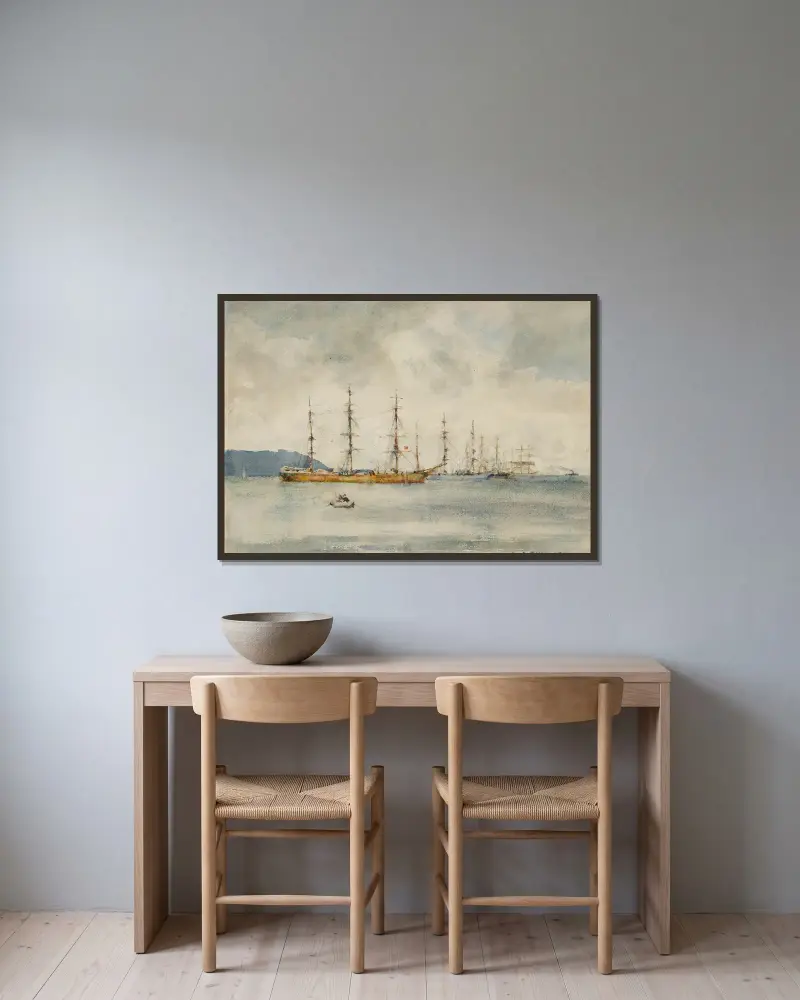 Segelschiffe im Hafen von Falmouth von Henry Scott Tuke gerahmt an einer Wand