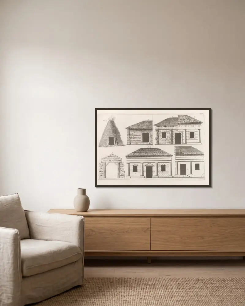 Architektur, die jede Art von Mauerwerk und Bauen umfasst, Tafel 002 von Sebastian Sierakowski gerahmt an einer Wand