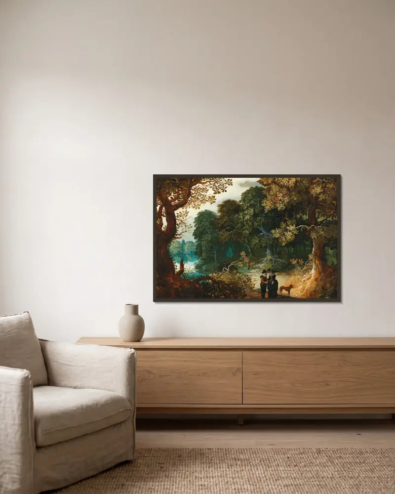 Waldlandschaft mit einem Liebespaar von Sebastian Vrancx gerahmt an einer Wand