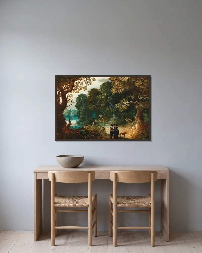 Waldlandschaft mit einem Liebespaar von Sebastian Vrancx gerahmt an einer Wand