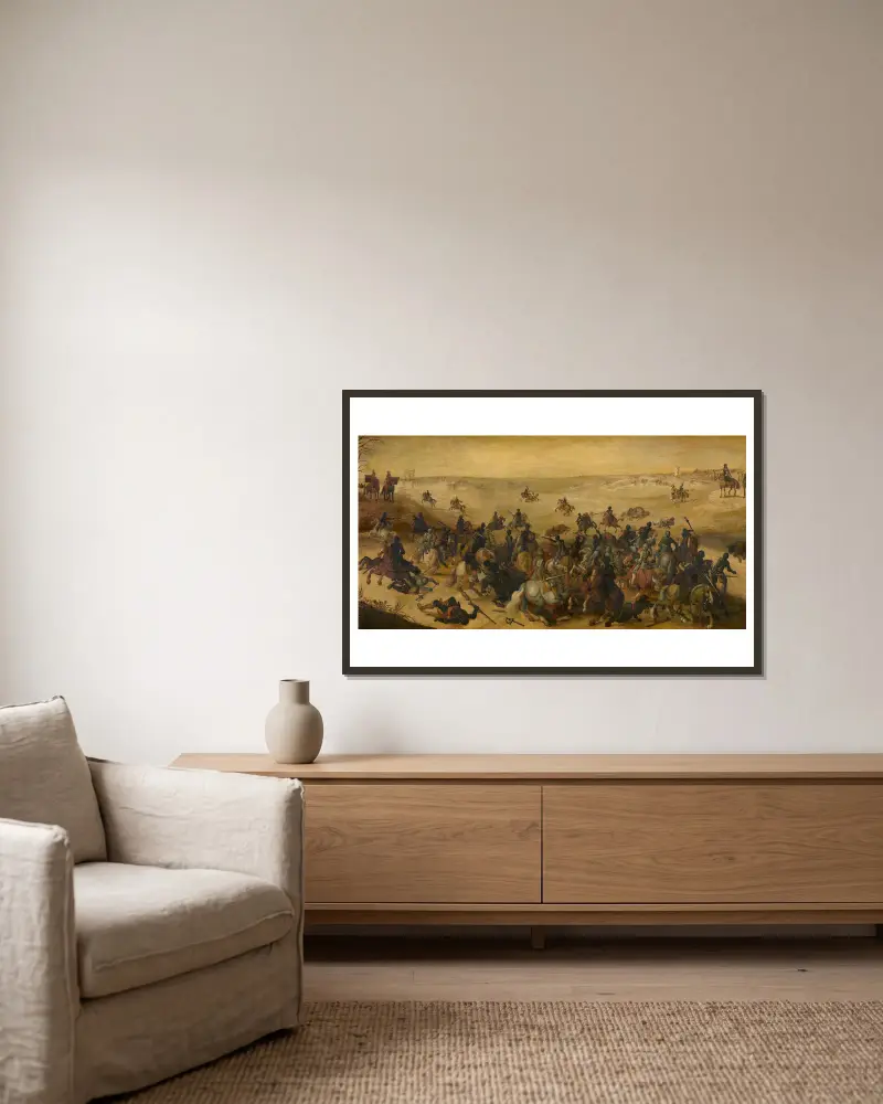 Die Schlacht bei Lekkerbeetjen von Sebastian Vrancx gerahmt an einer Wand