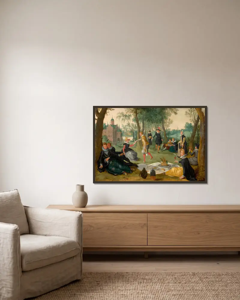 Elegante Gesellschaft beim Mittagessen in einer Landschaft von Sebastian Vrancx gerahmt an einer Wand