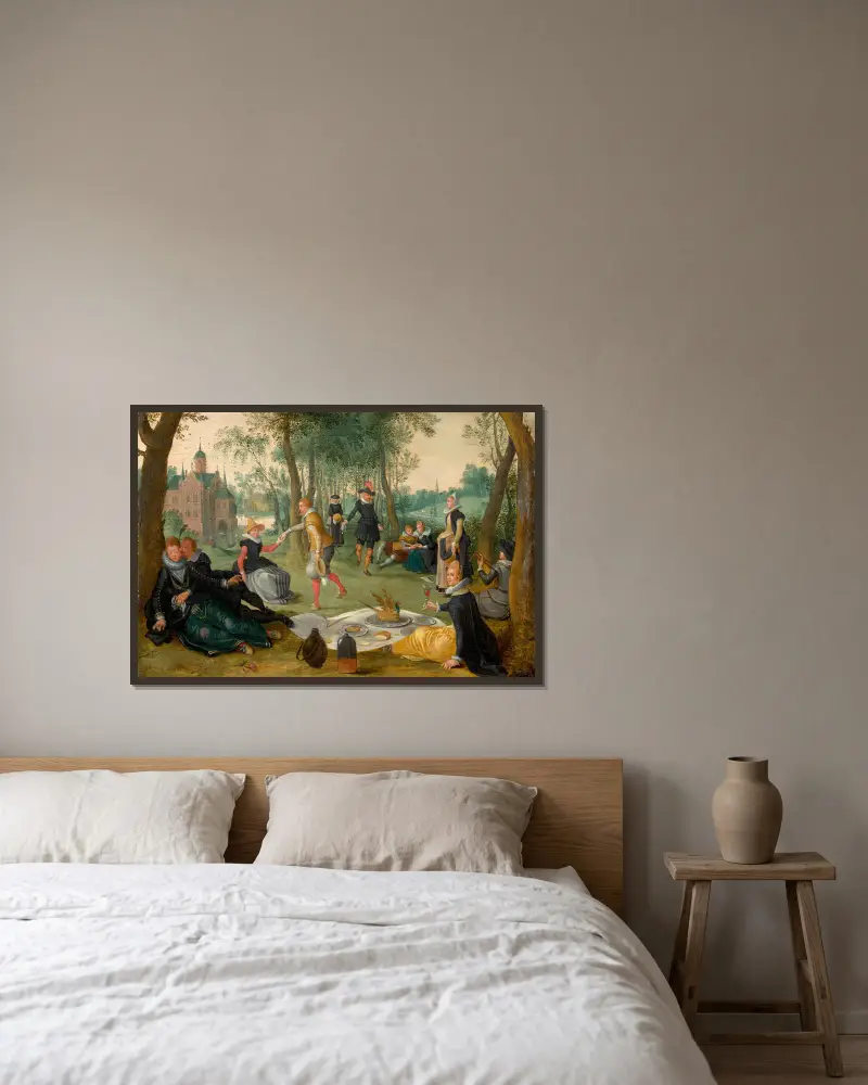 Elegante Gesellschaft beim Mittagessen in einer Landschaft von Sebastian Vrancx gerahmt an einer Wand