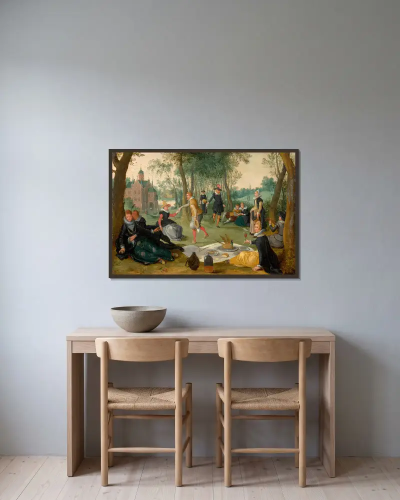 Elegante Gesellschaft beim Mittagessen in einer Landschaft von Sebastian Vrancx gerahmt an einer Wand