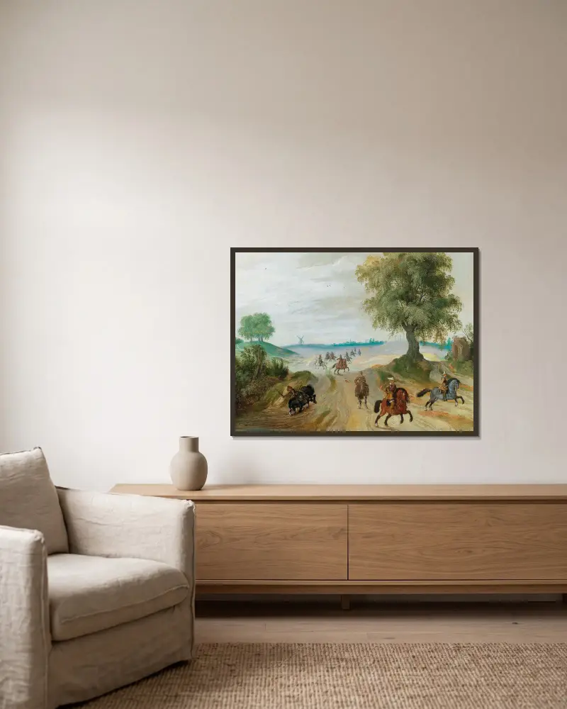 Reiter in einer Landschaft von Sebastian Vrancx gerahmt an einer Wand