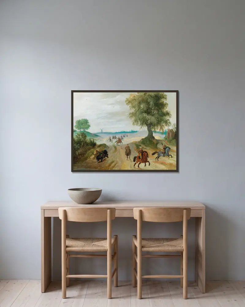 Reiter in einer Landschaft von Sebastian Vrancx gerahmt an einer Wand