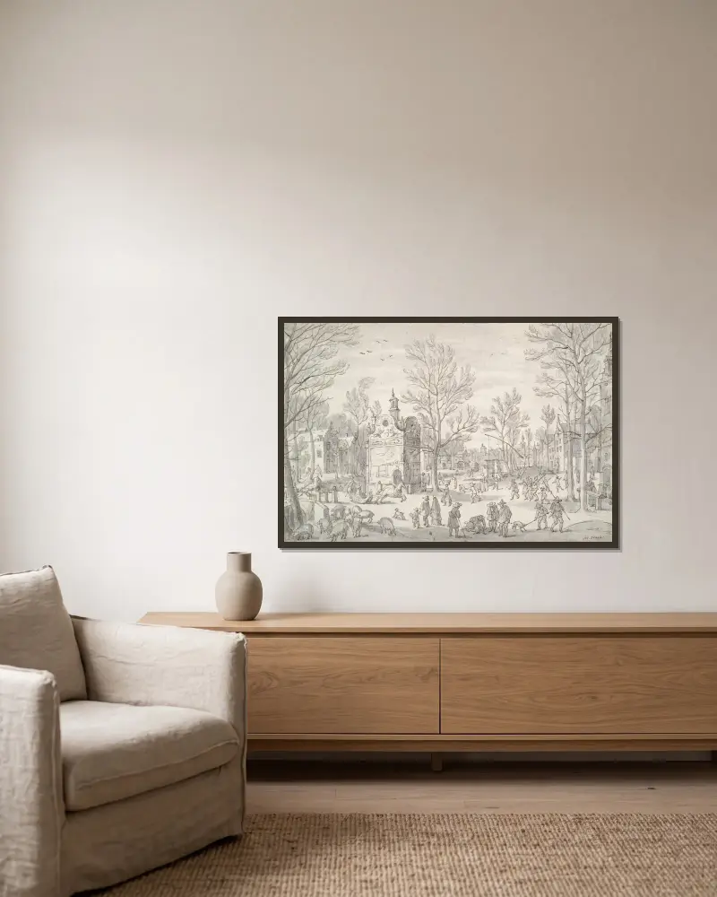 Winter Scene in the City av Sebastian Vrancx inramad på en vägg
