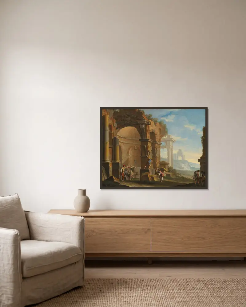 Ett capriccio med figurer som samtalar vid klassiska ruiner av Sebastiano Ricci inramad på en vägg