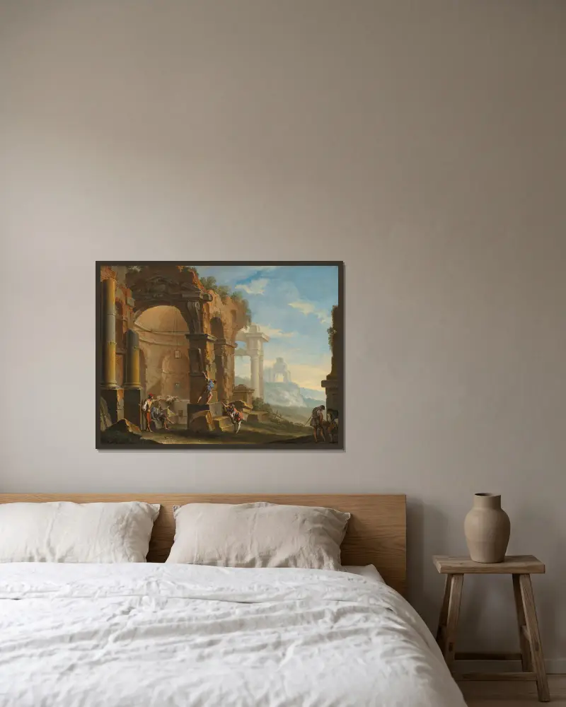 Ett capriccio med figurer som samtalar vid klassiska ruiner av Sebastiano Ricci inramad på en vägg