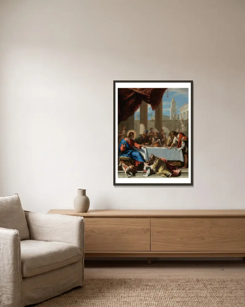 Kristus i Simons hus av Sebastiano Ricci inramad på en vägg