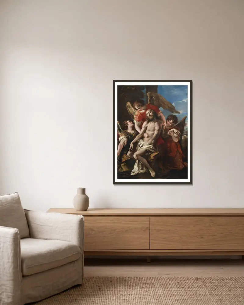 Kristus sörjd av tre änglar av Sebastiano Ricci inramad på en vägg