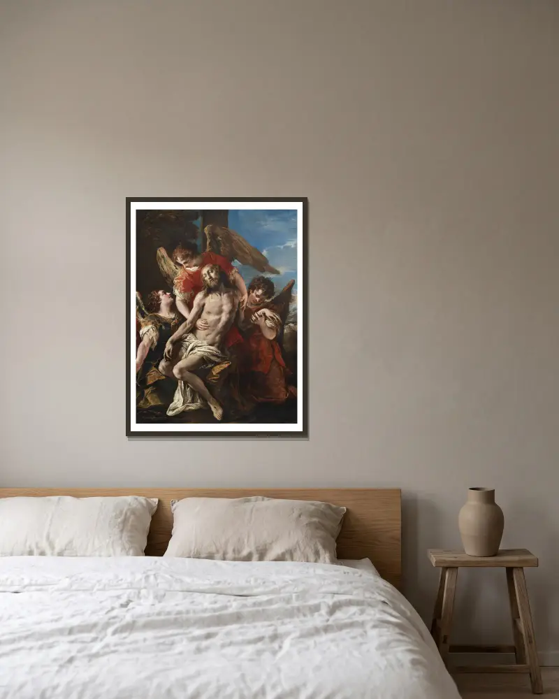 Kristus sörjd av tre änglar av Sebastiano Ricci inramad på en vägg