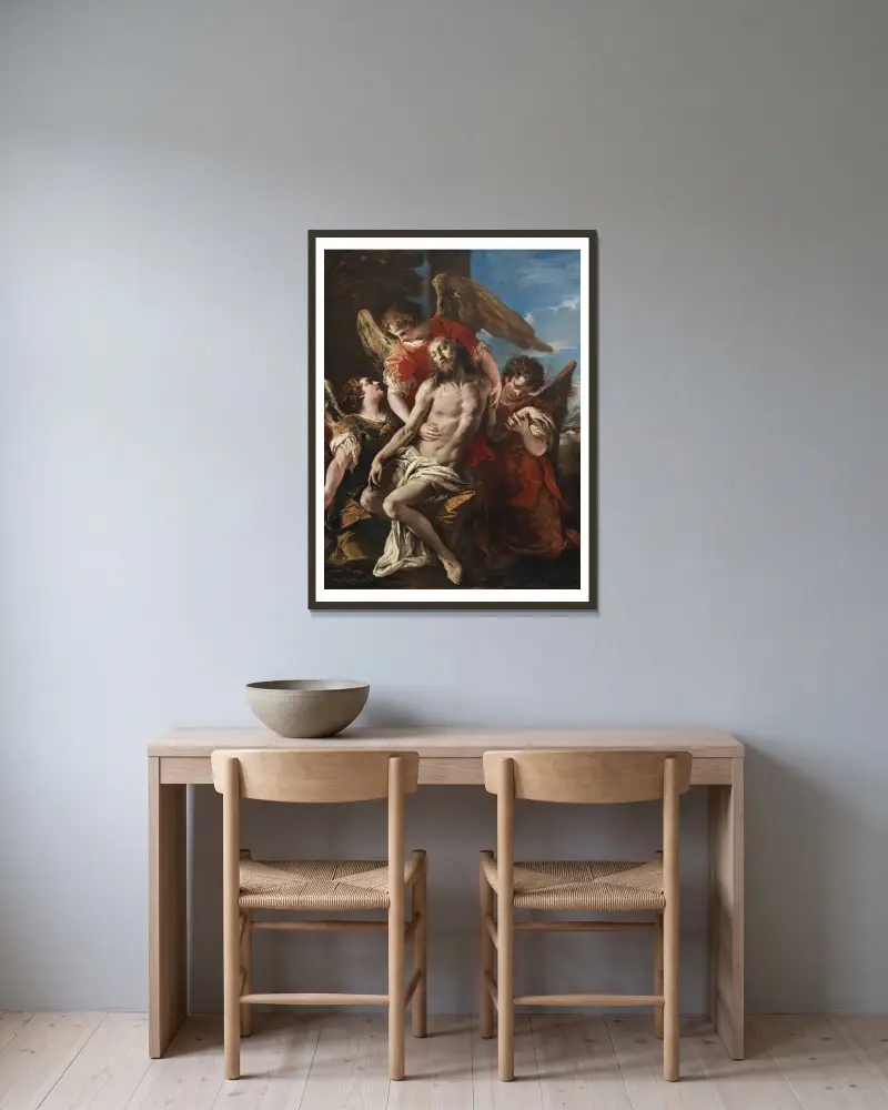 Kristus sörjd av tre änglar av Sebastiano Ricci inramad på en vägg