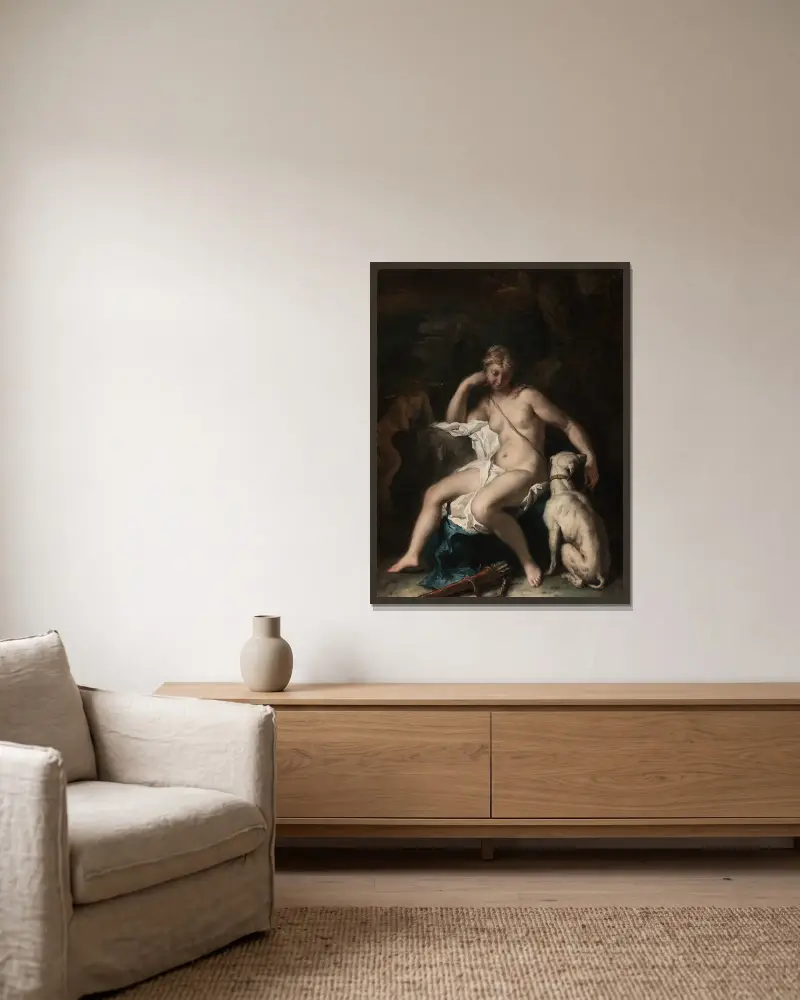 Diana och hennes hund av Sebastiano Ricci inramad på en vägg