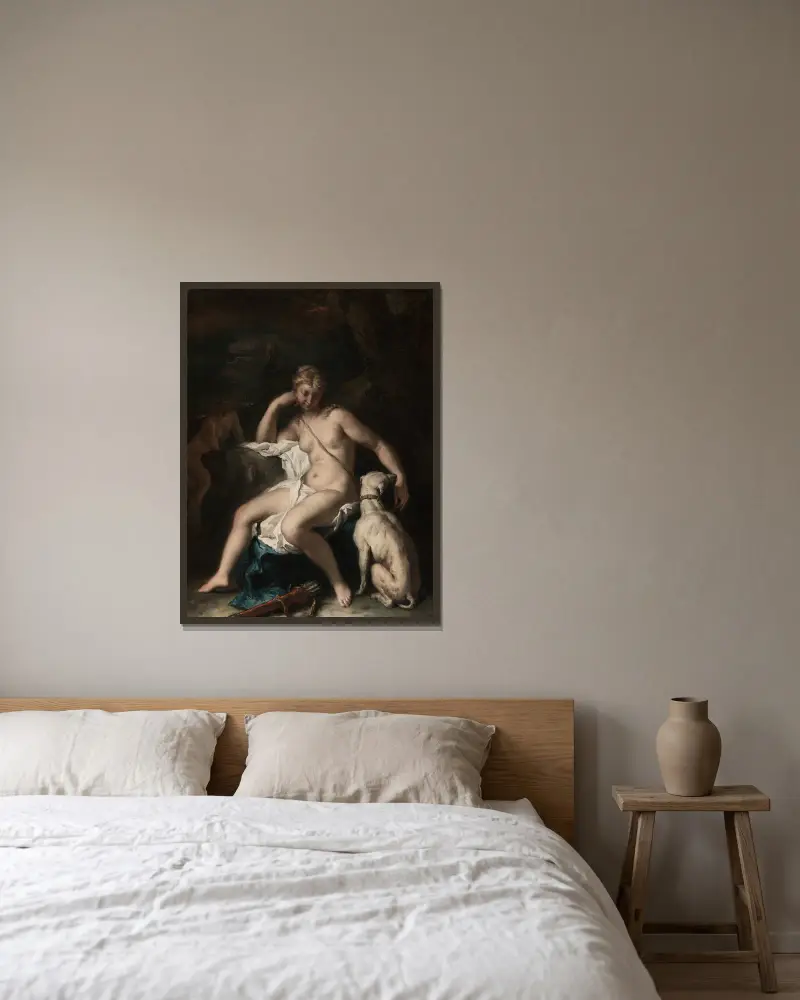 Diana och hennes hund av Sebastiano Ricci inramad på en vägg