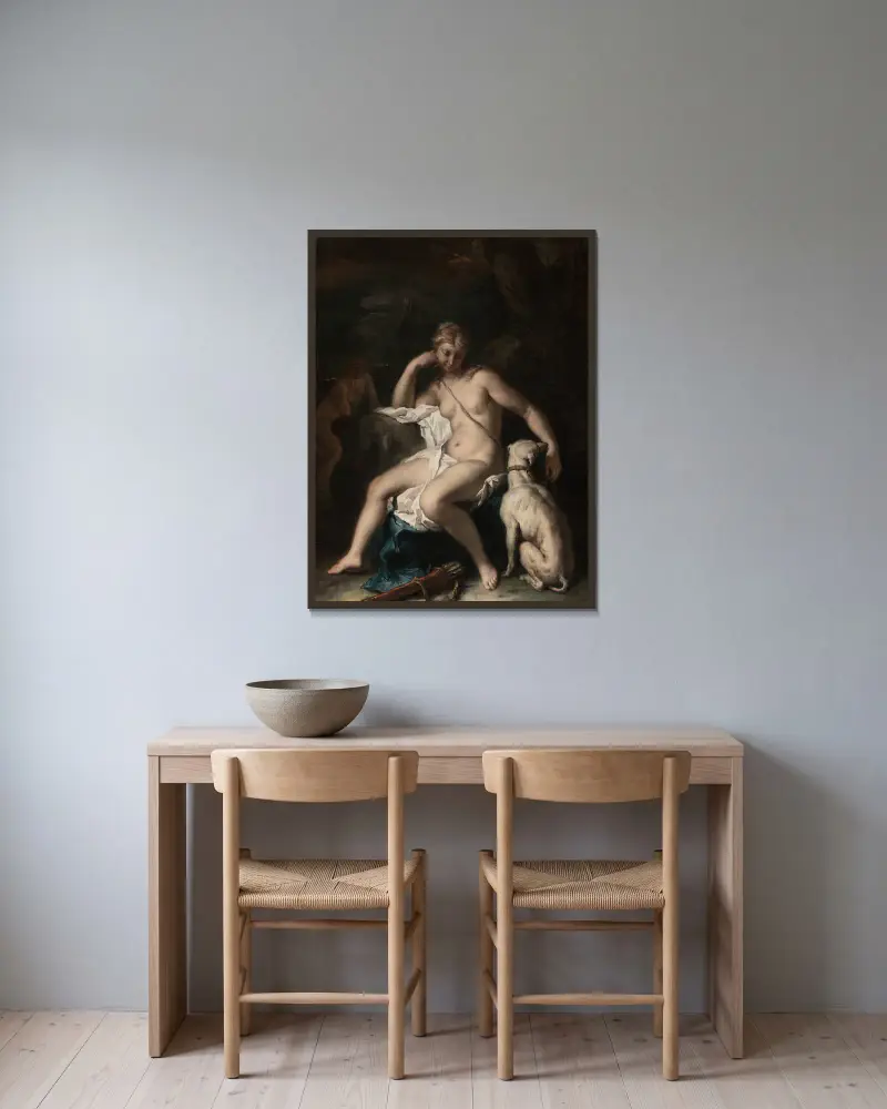 Diana och hennes hund av Sebastiano Ricci inramad på en vägg