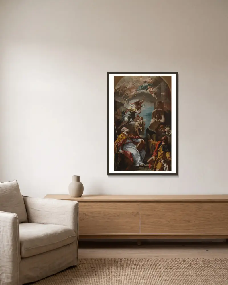 Jungfruns härlighet med ärkeängeln Gabriel och de heliga Eusebius, Rochus och Sebastian av Sebastiano Ricci inramad på en vägg