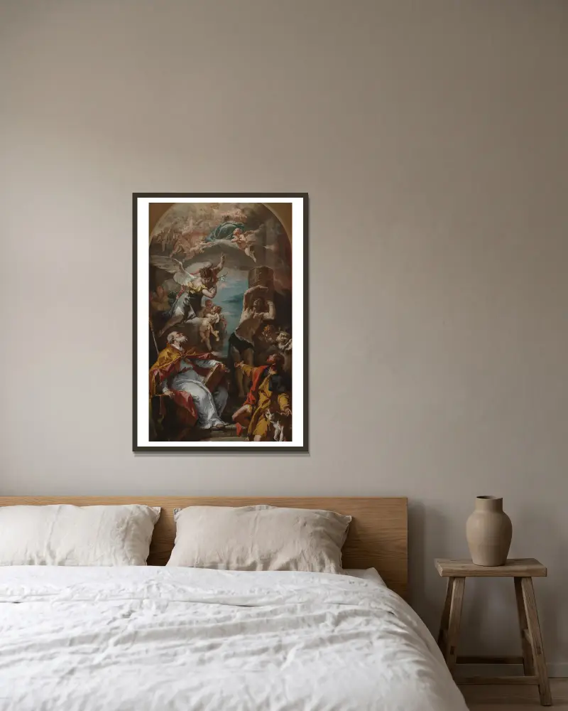 Jungfruns härlighet med ärkeängeln Gabriel och de heliga Eusebius, Rochus och Sebastian av Sebastiano Ricci inramad på en vägg