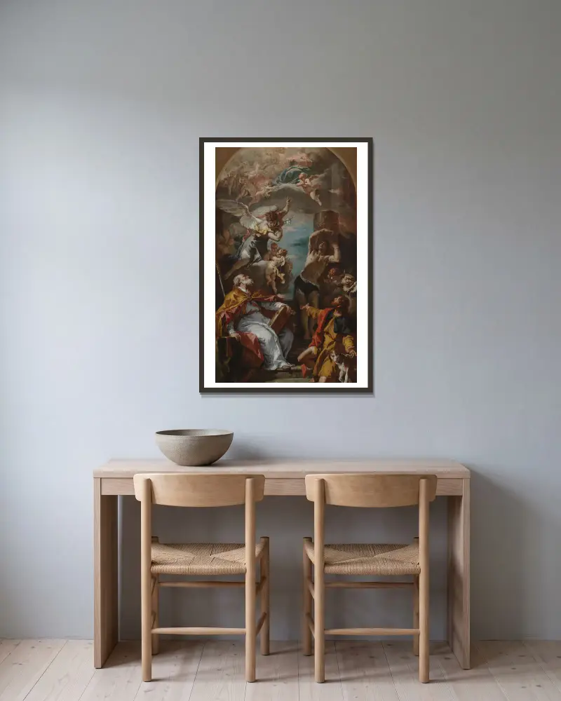 Jungfruns härlighet med ärkeängeln Gabriel och de heliga Eusebius, Rochus och Sebastian av Sebastiano Ricci inramad på en vägg