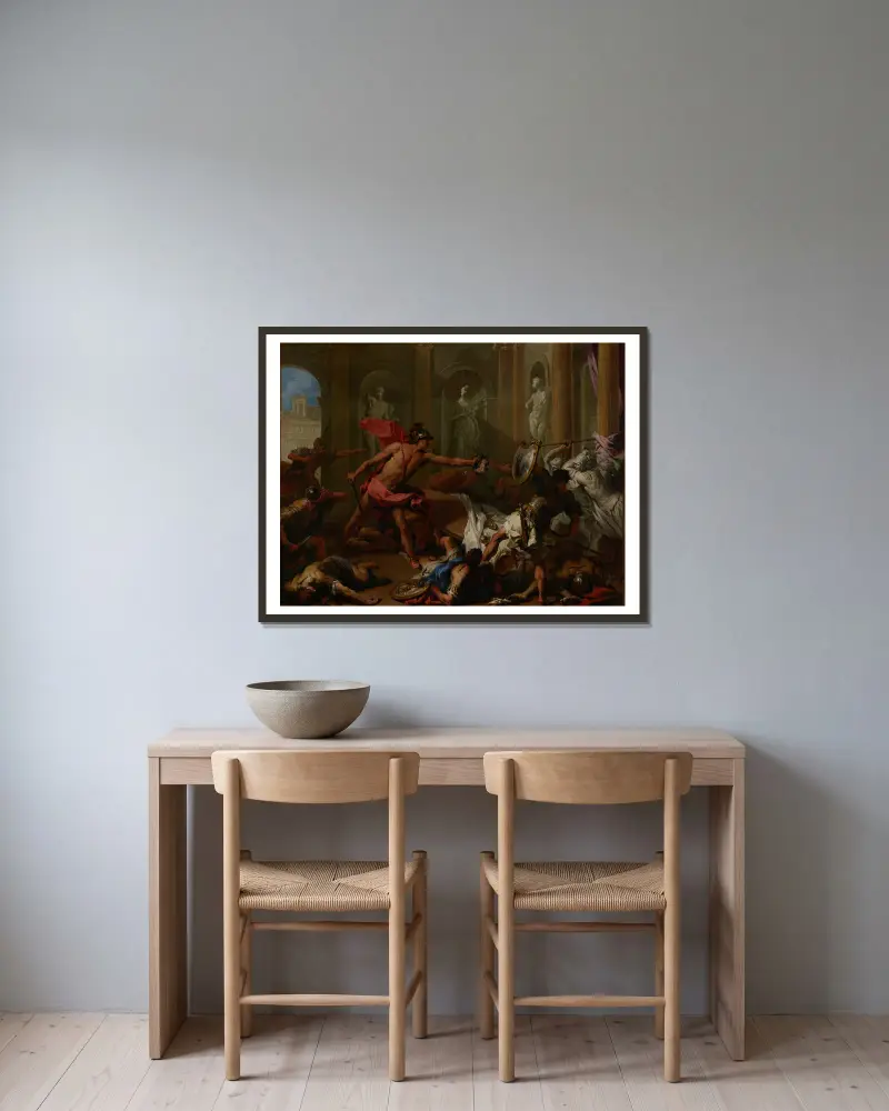 Perseus konfronterar Phineus med Medusas huvud av Sebastiano Ricci inramad på en vägg
