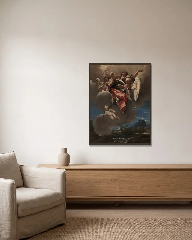 Studie till 'En helgons apoteos' (för San Bernardino dei Morti, Milano) av Sebastiano Ricci inramad på en vägg