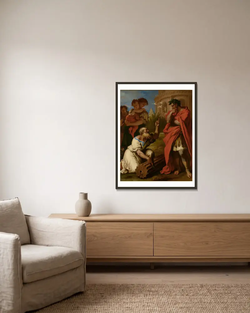 Tarquinius den äldre rådfrågar Attus Navius av Sebastiano Ricci inramad på en vägg