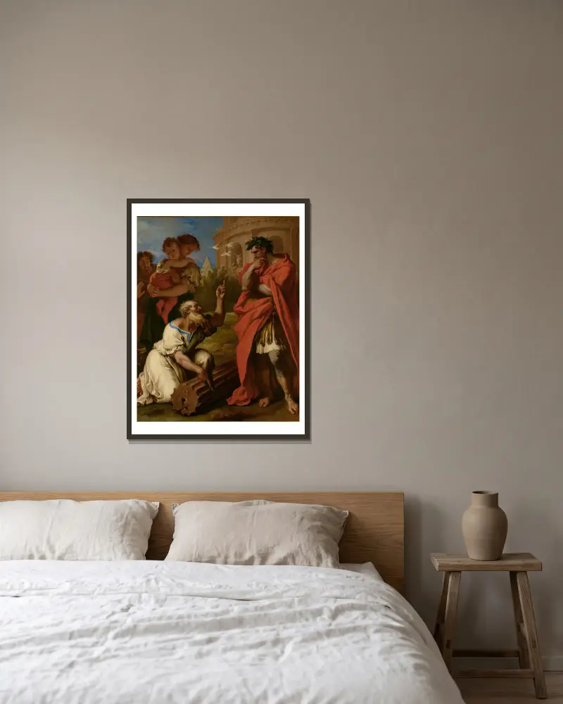 Tarquinius den äldre rådfrågar Attus Navius av Sebastiano Ricci inramad på en vägg