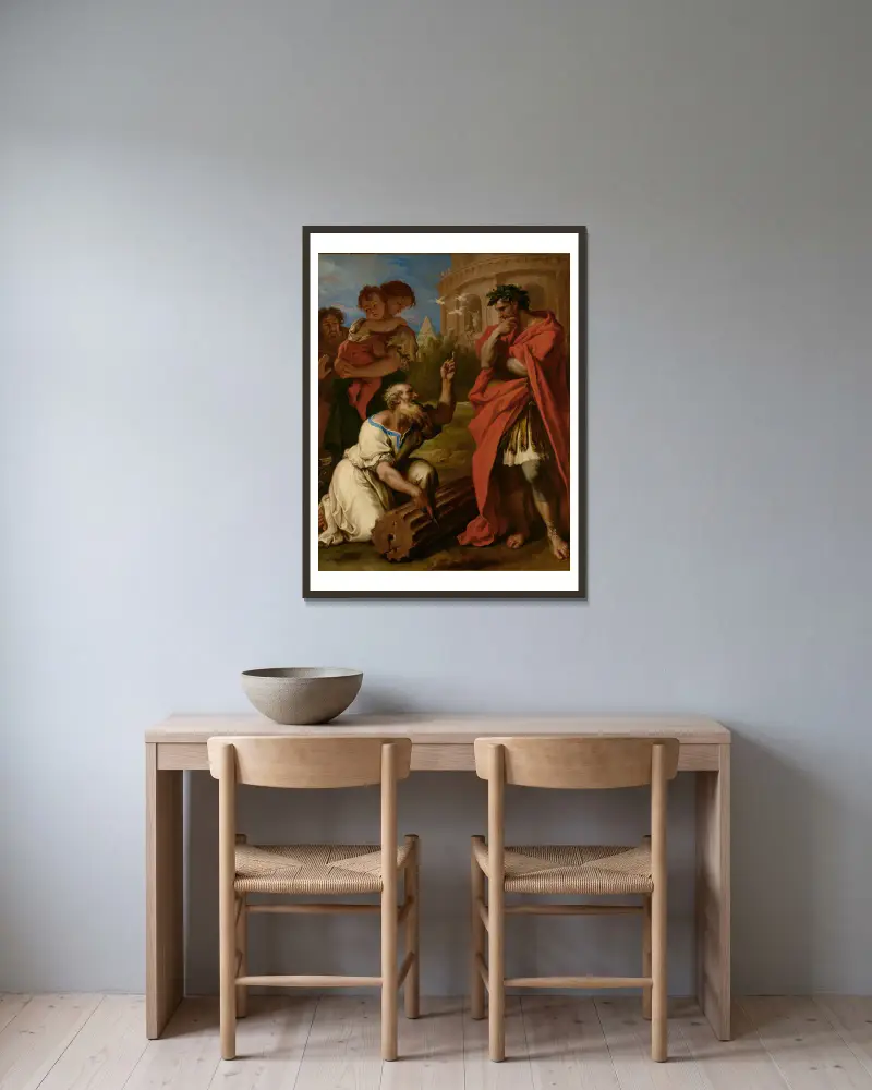 Tarquinius den äldre rådfrågar Attus Navius av Sebastiano Ricci inramad på en vägg