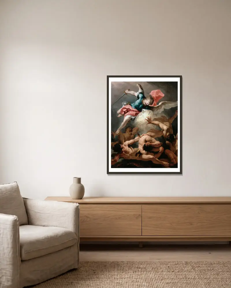 De upproriska änglarnas fall av Sebastiano Ricci inramad på en vägg