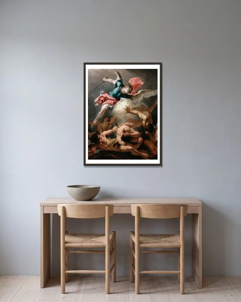 De upproriska änglarnas fall av Sebastiano Ricci inramad på en vägg