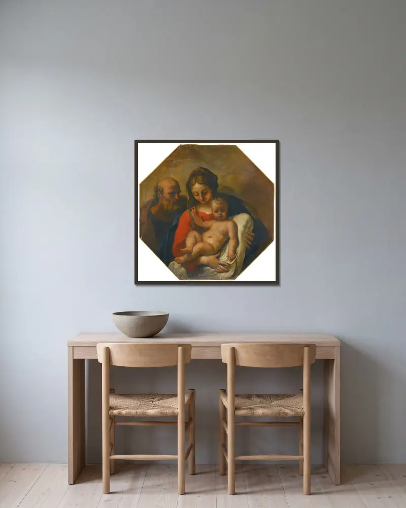 Den heliga familjen av Sebastiano Ricci inramad på en vägg