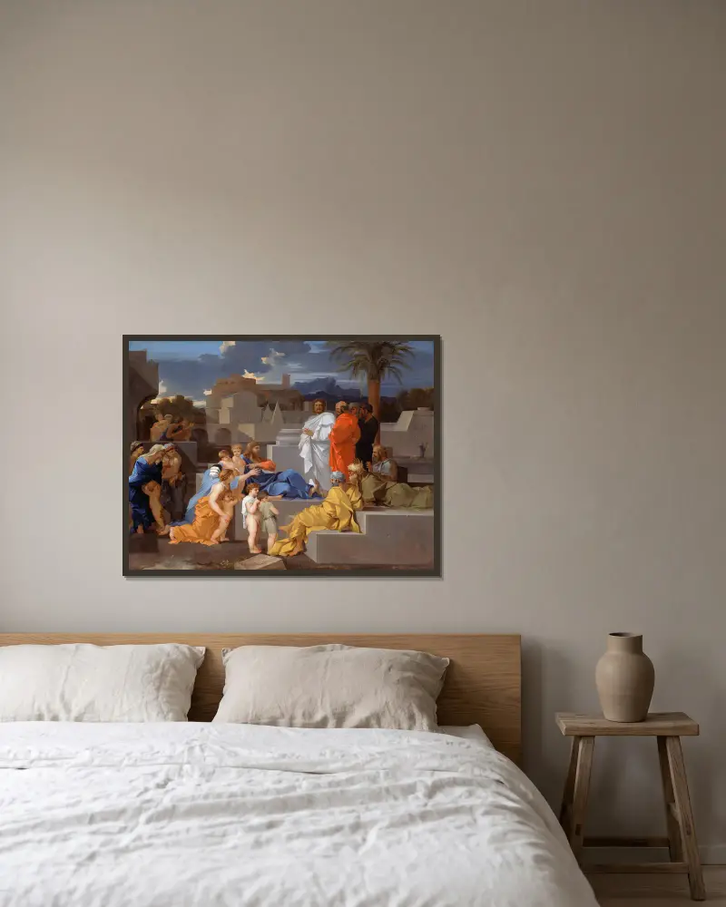 Christ Receiving the Children av Sébastien Bourdon inramad på en vägg