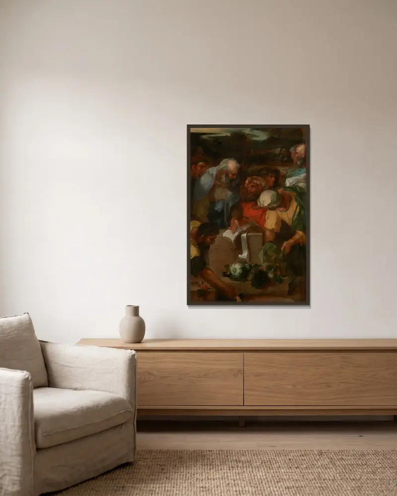 Die Darbringung der Bikkurim (Erstlingsfrüchte) im Tempel von Sébastien Bourdon gerahmt an einer Wand