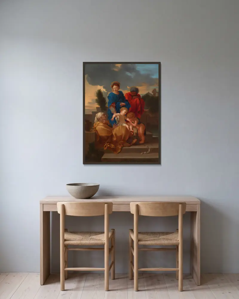 Den heliga familjen med den heliga Elisabet och den lilla Johannes Döparen – nr 2 av Sébastien Bourdon inramad på en vägg