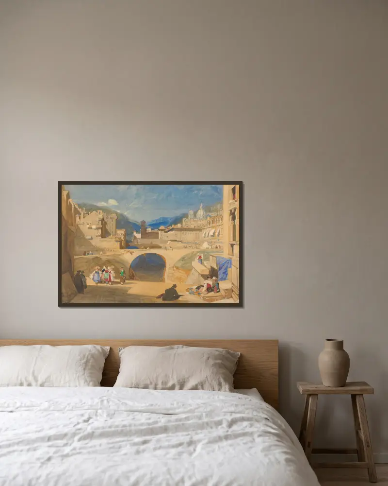 Brücke in einer kontinentalen Stadt von John Sell Cotman gerahmt an einer Wand