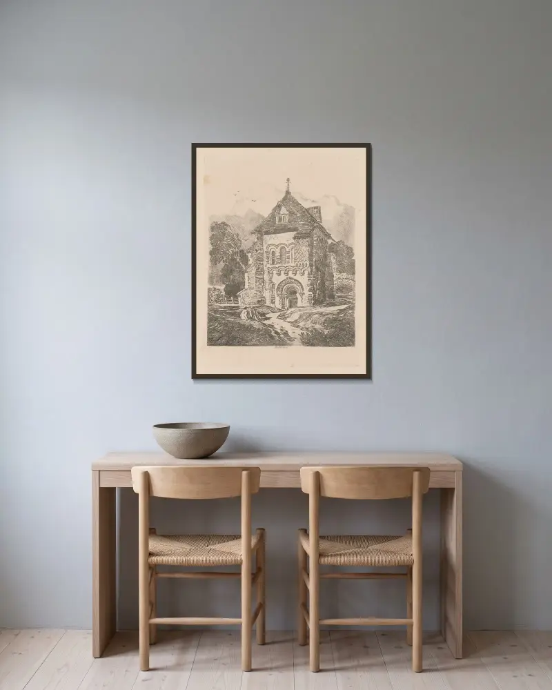 Kostel poblíž Durhamu, John Sell Cotman v rámu na stěně