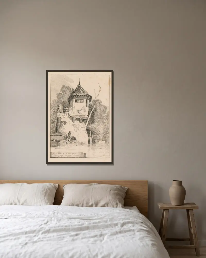 Frontespis, vy över ett lusthus vid floden Yare av John Sell Cotman inramad på en vägg