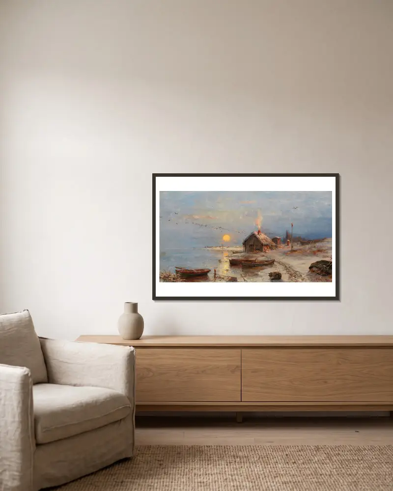Ein Fischerdorf an der Ostseeküste von Julius Sergius Klever gerahmt an einer Wand