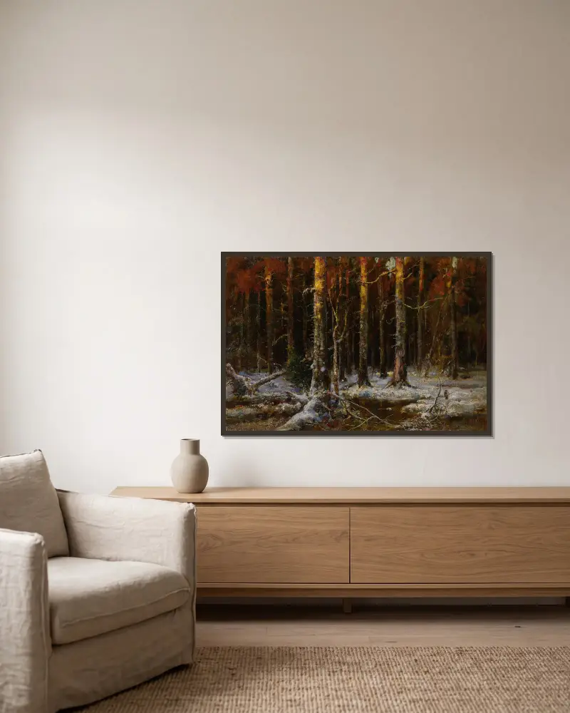 Forest In Winter av Julius Sergius Klever inramad på en vägg