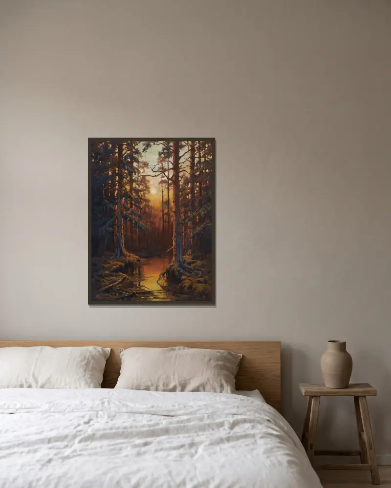 Forest Sunset av Julius Sergius Klever inramad på en vägg