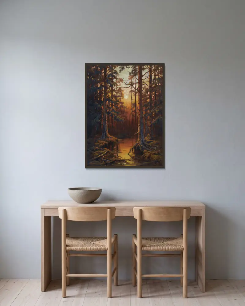 Forest Sunset av Julius Sergius Klever inramad på en vägg