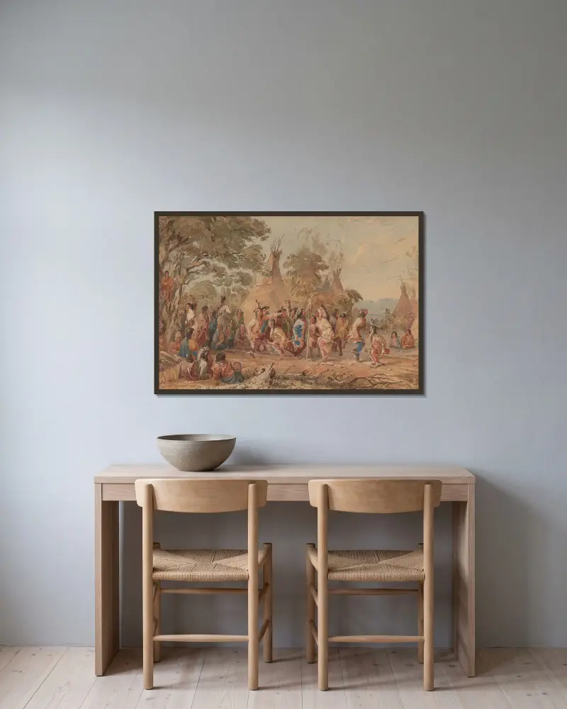 Dakotaindianernas hunddans av Seth Eastman inramad på en vägg