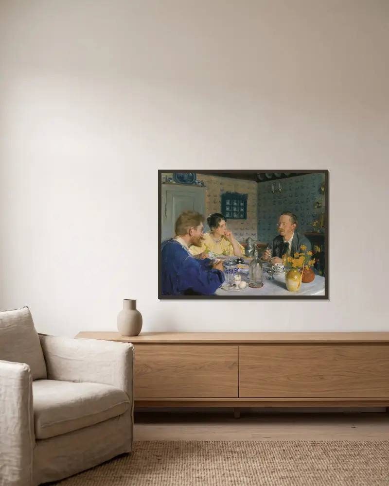 Ein Frühstück. Der Künstler, seine Frau und der Schriftsteller Otto Benzon von Peder Severin Krøyer gerahmt an einer Wand