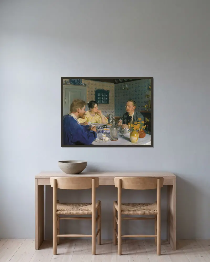 Ein Frühstück. Der Künstler, seine Frau und der Schriftsteller Otto Benzon von Peder Severin Krøyer gerahmt an einer Wand