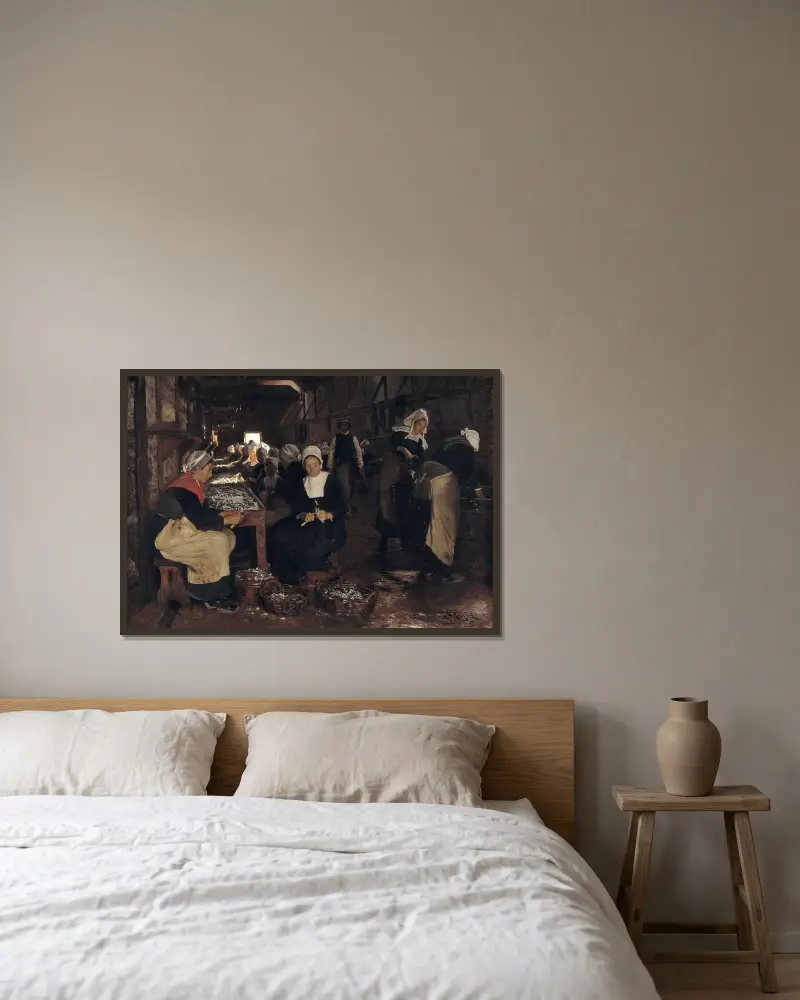 En sardinfabrik i Concarneau av Peder Severin Krøyer inramad på en vägg