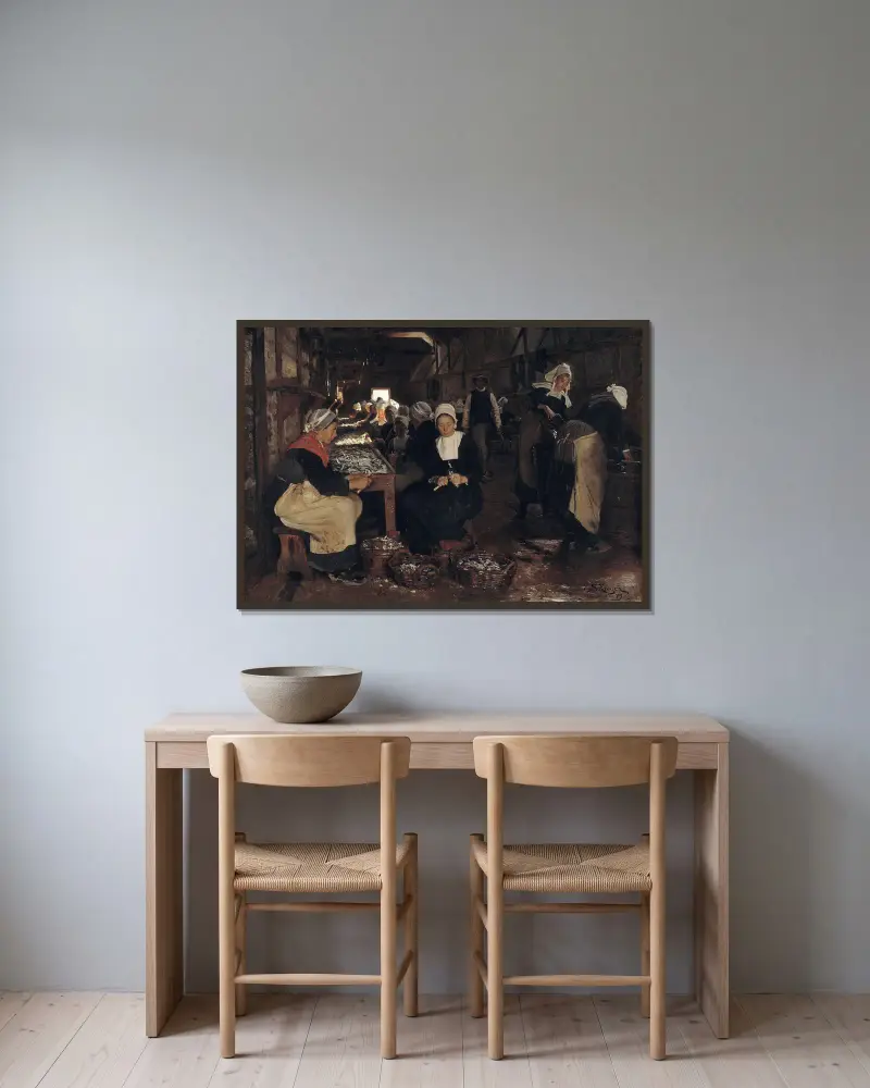 En sardinfabrik i Concarneau av Peder Severin Krøyer inramad på en vägg