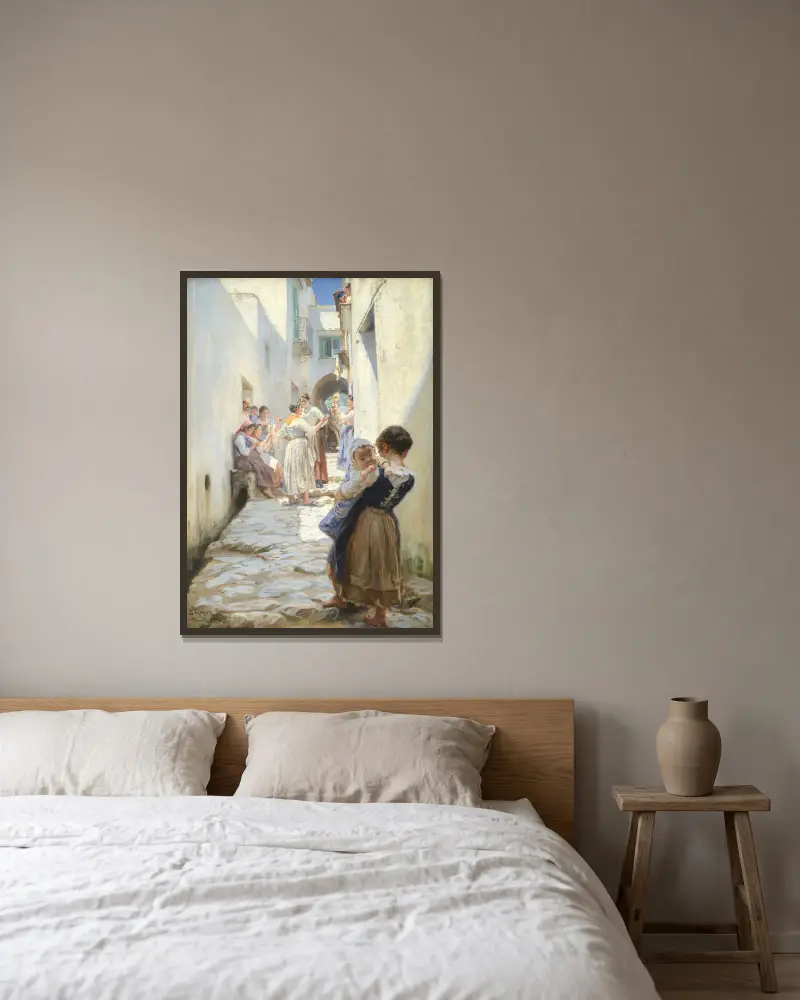 En gata i Torello, Italien av Peder Severin Krøyer inramad på en vägg