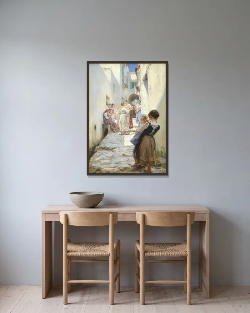 En gata i Torello, Italien av Peder Severin Krøyer inramad på en vägg